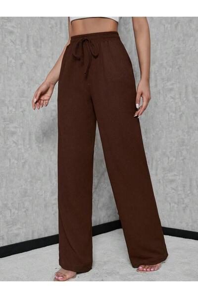 trendgar Kahverengi Keten Karışımlı Lastikli Yüksek Bel Wide Leg Pantalon