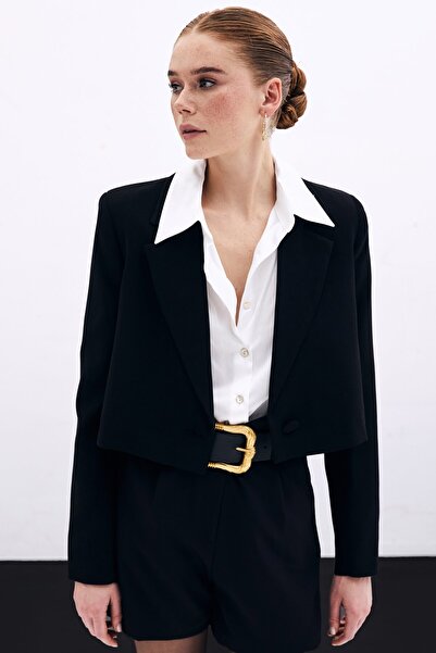 Sateen Чорний короткий креп-піджак