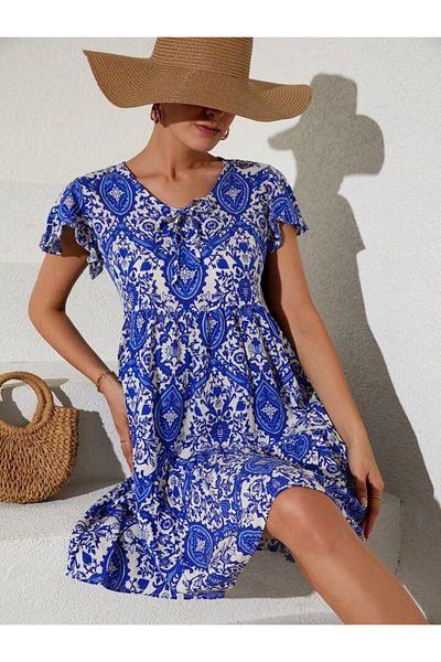leyla sanat sanata yeni bir bakış açısı Leyla Sanat Sanata a New Perspective 2352 V-Neck Short Dress - Blue