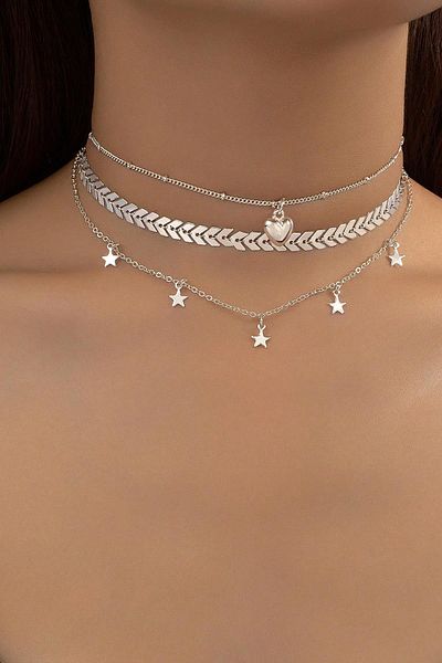 New Obsessions Silver Color Star Dangle Choker Necklace Set