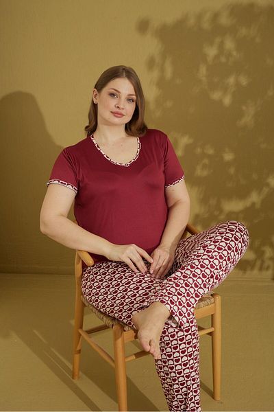 bie's Women's Burgundy Patterned Buttonless V-Neck Summer Cotton Lycra Large Size Short Sleeve Pajama Set