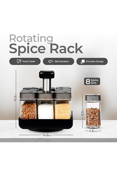 COOYA Rotating Spice Storage Rack with 8 Clear Glass Jars, Durable 360° Rotating Organizer for Spices