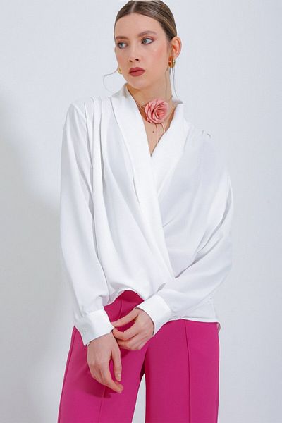 COTTONLAB White Double Breasted Collar Draped Satin Blouse 0492