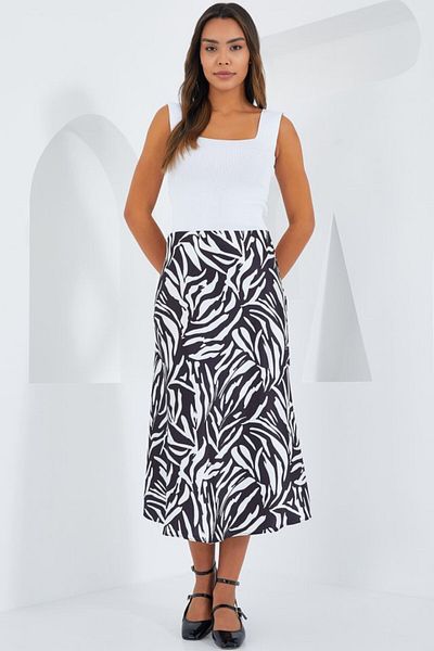 Modayakamoz Fusta din satin cu model alb-negru 15806