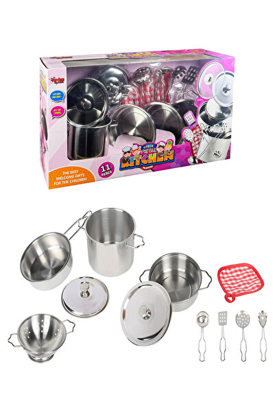 Toyaş 11 Pieces Steel Saucepan Pan Set Girls Toy Dollhouse Toys Metal Girls Cookware Set Toy