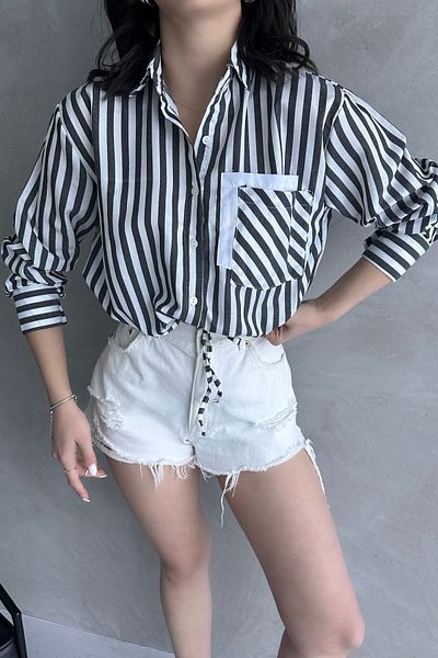 Fav Style Cămașă neagră de damă, cu mânecă lungă, cu șireturi în dungi