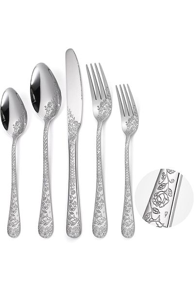 COOYA Silverware Set, Stainless Steel with Engraved Flower Embossed Design Cutlery for Festival Parties