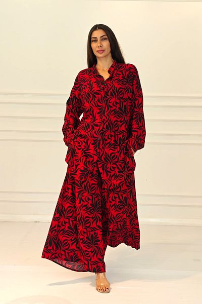Keyifli Moda Women's Red Patterned Shirt Pants Set with Epaulets and Pockets