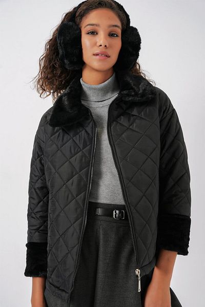 Modayakamoz 5202 Plush Detailed Quilted Coat - Black