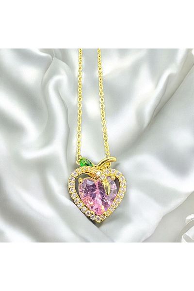 Store Gold Plated Pink Heart Necklace with Steel Chain