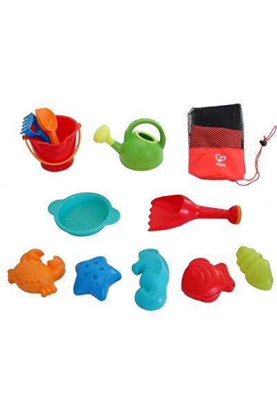 Hape Happy Beach Basic Play Set - Sand Toys with Mesh Bag, E8603, Red