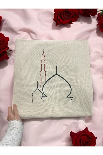 Perdeplus Minimal Embroidered Linen Prayer Rug Prayer Mat - Dowry Gift Bag Prayer Rug