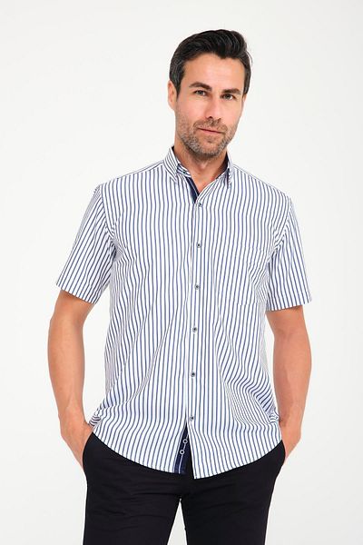 Fitmens Classic Short Sleeve Thick Striped Men's Shirt with Gift Box Fs- 000702   - White Navy Blue
