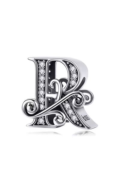 Fubena Wavy Patterned R Stone Letter Silver Charm