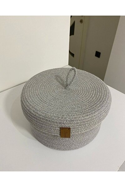 Sevdam Sepet Gray Medium Size Multi-Purpose Basket with Lid, Decorative Basket, Cotton Basket, Wicker Basket, Rope Basket