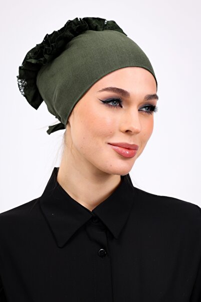 Loggia Ruffled Seamless Combed Cotton Bonnet Khaki Green - Women's Hijab Tie-Up Bun Inner Bonnet