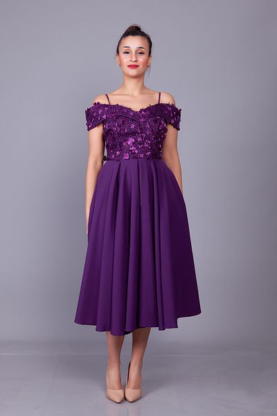 NO48 Plum Floral Tulle Detail Off-Shoulder Straps Boat Neck Midi Length Flared Evening Dress