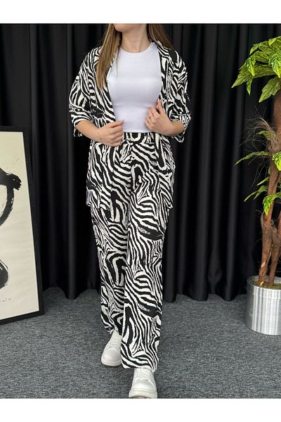 Altamira Women's White Zebra Patterned Kimono Wrap Top and Bottom Set