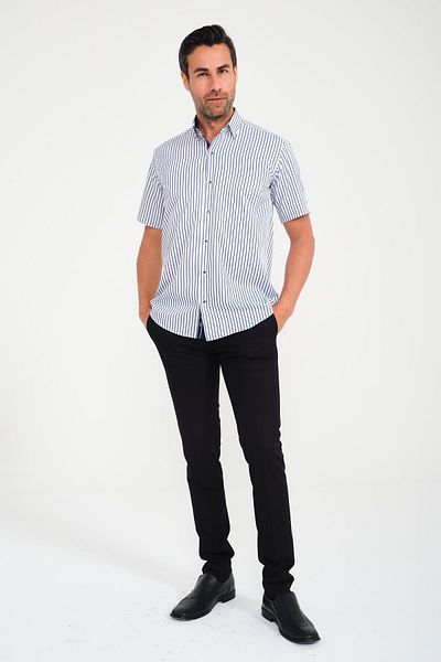 Fitmens Classic Short Sleeve Thick Striped Men's Shirt with Gift Box Fs- 000702   - White Navy Blue