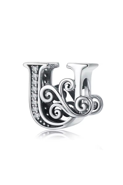 Fubena Dalgalı Desenli U Taşlı Harf Gümüş Charm