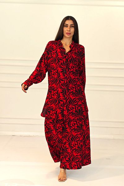Keyifli Moda Women's Red Patterned Shirt Pants Set with Epaulets and Pockets