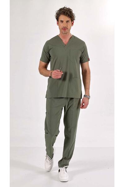 Uçak Medikal Zeytin Yeşil U-flex Likralı Scrubs Takım