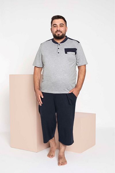 bie's Men's Gray Plus Size Gray Pajamas Set 3 Buttons %100 Cotton