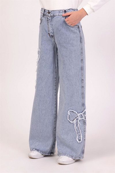 Dmb Girl's Bow Printed Denim Trousers Blue M9826