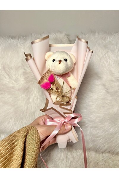 Salish Tekli Mini Ayıcık Buketi, Çiçekli Pembe Ayıcık Buketi, Özel Günler Için Sevgiliye Hediye