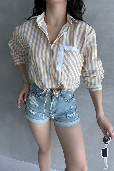 Fav Style Cămașă crop bej pentru femei, cu mânecă lungă, cu șireturi în dungi și design detaliat