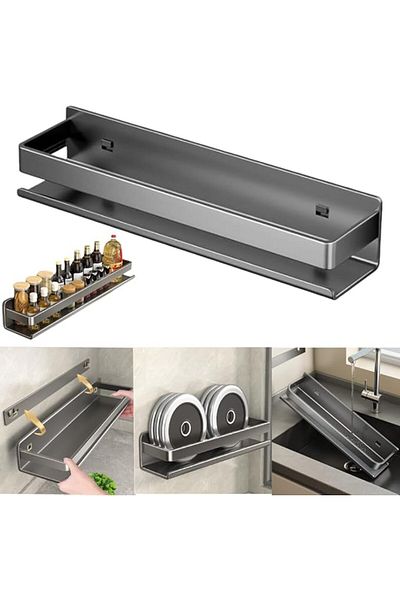COOYA Adhesive Wall-Mounted Seasoning Rack, No Punching Required Kitchen Shelves, Wall Spice Jar, Black