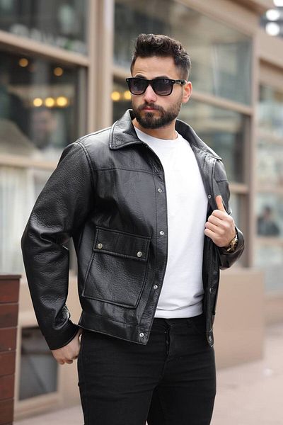S&M CLOTHİNG Мъжко черно кожено яке с джоб с детайли
