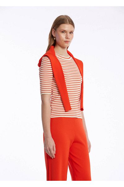 Knitss Μπεζ κοραλί ριγέ πλεκτό μπλουζάκι