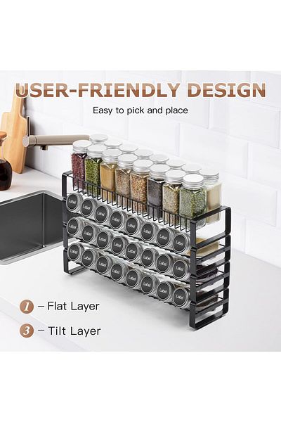 COOYA Spice Rack, 4 Tier Stackable, Black, Detachable, Frosted Iron Kitchen Shelf