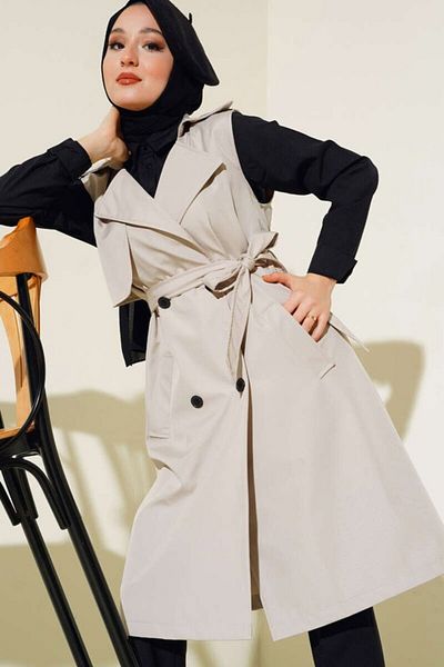 Kokosh moda Beige 5911 Model Double Breasted Lapel Trench Coat Vest