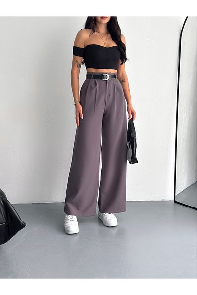 Winmoda34 Women's Belt Detail Wide Leg Wide Cut Baggy Fabric Pants