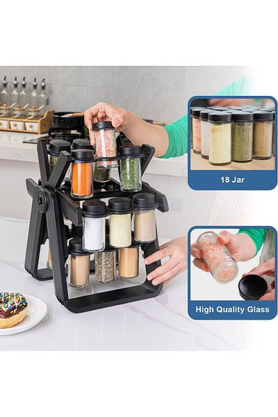 COOYA 360 Rotating Spice Rack,with 18 Jars Labels, pen, for Kitchen