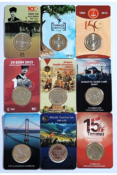 3Alp Koleksiyon 9 lu Hatıra Para Kiti Seti, 1 liralar ve 5 lira tamamı özel k...