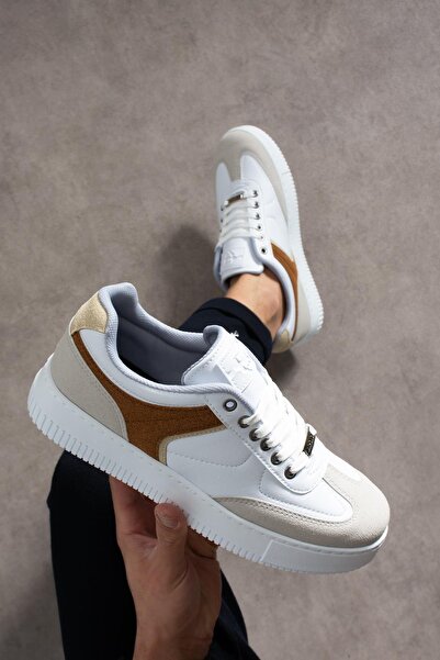 L.A Polo Suede Detailed Thick Sole White Beige Men's Sneakers