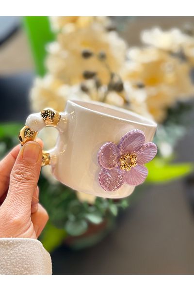 Pernotte Double Turkish Coffee Cup with Flower in Hand 20 4K Gold Plated