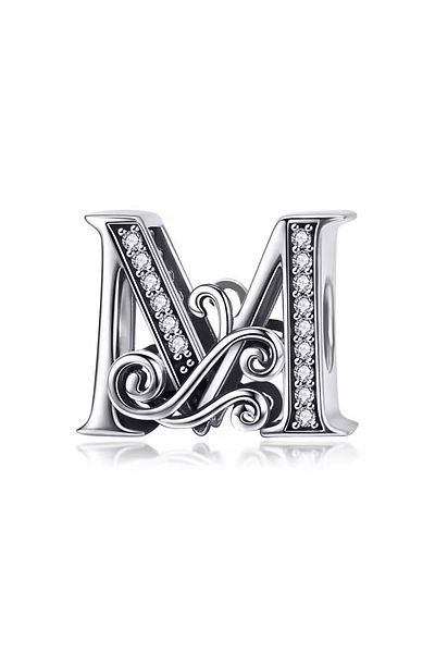 Fubena Wavy Patterned Stone m Letter Silver Charm