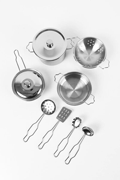 Toyaş 11 Pieces Steel Saucepan Pan Set Girls Toy Dollhouse Toys Metal Girls Cookware Set Toy