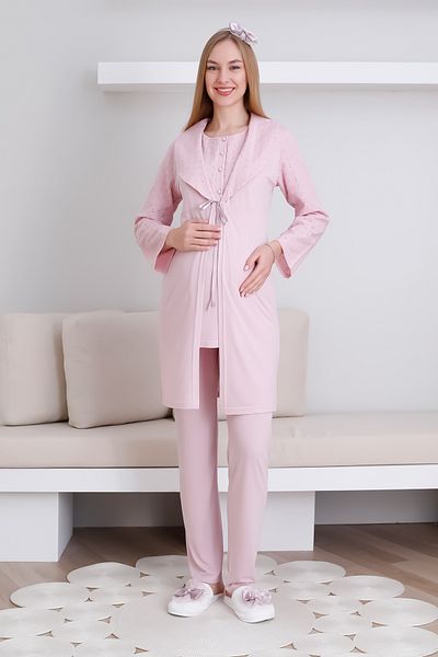 ERDENİZ TEKSTİL Maternity & Pregnant Dressing Gown and Pajama Set / Shawl Collar Buttoned Front Maternity Set
