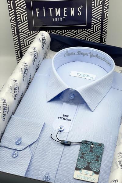 Fitmens Slim Fit Uzun Kol Ömür Boyu Yakandayım Nakışlı Hediye Kutulu Erkek Gömlek FS-001376 - Mavi