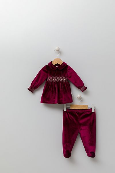 Babydola 0-12 Months Nostalgic Velvet Flower Embroidered Eid Retro Baby Girl Suit Claret Red 13484