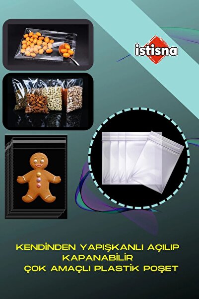 İstisna 100 Adet 8x15 Cm Kendinden Yapışkanlı Açılıp Kapanabilir Şeker Kurabiye Şeffaf Plastik Poşet Torba