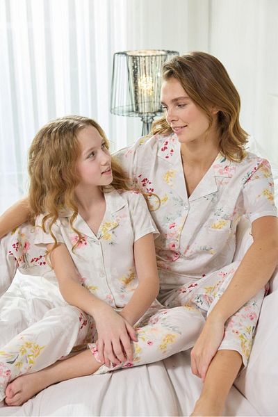 bie's Set de pijamale cu mânecă scurtă din bumbac, cu mânecă scurtă, cu guler de cămașă, cu nasturi în față, pentru fete