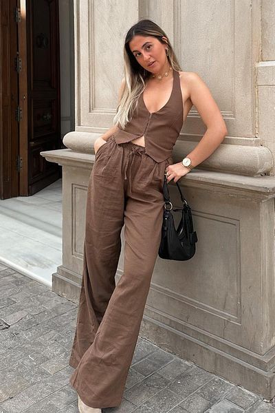 Madmext Braune Stoffhose mit weitem Bein und Kordelzug MG1950