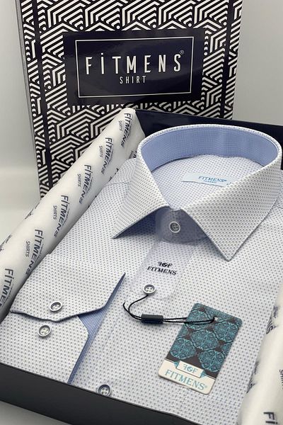 Fitmens Classic Long Sleeve Patterned Men's Shirt with Gift Box Fs- 002258   - White Light Blue