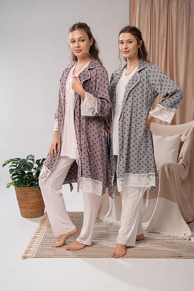 LOHOUSE Women's Pink Lace Polka Dot Maternity 3-Piece Pajama Set
